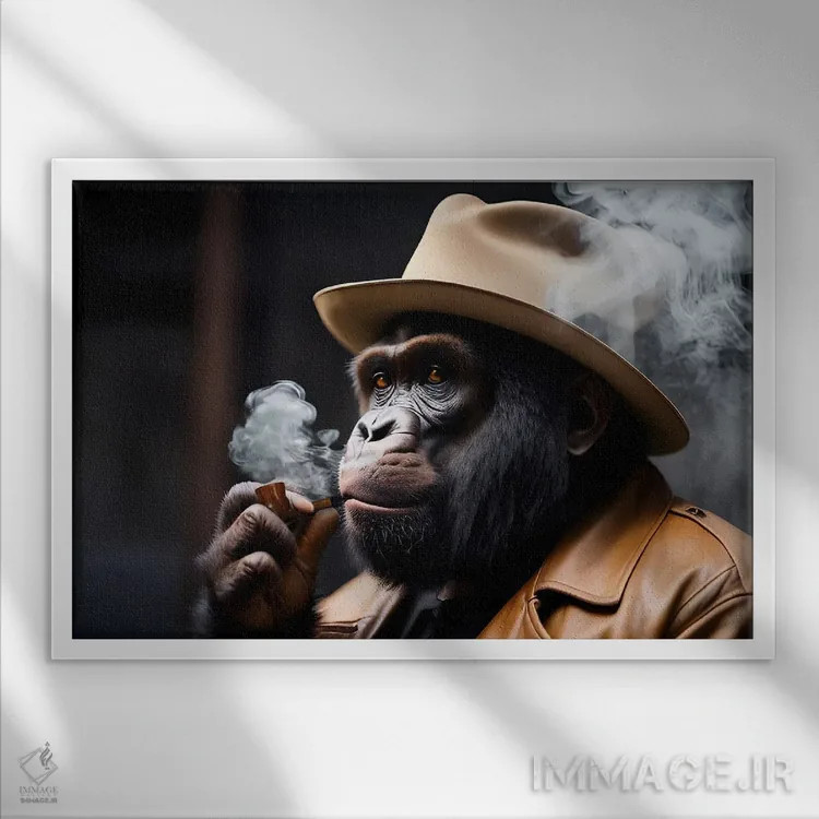 تابلو Hat On Head And Elegantly Dressed, Animal,پرتره گوریل در حال سیگار کشیدن با کلاه و لباس شیک اثر آدریان ویریو - نمای قابدار سفید