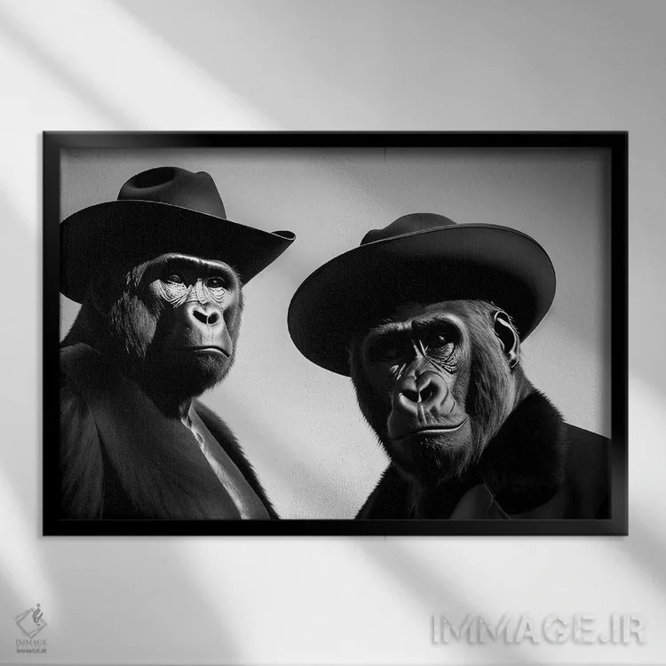 تابلو Black And White V,گروهی از گوریلها با کلاه و لباس شیک، سیاهوسفید اثر آدریان ویریو - نمای قابدار مشکی