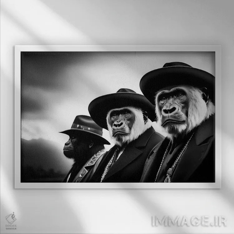 تابلو Black And White IV,گروهی از گوریلها با کلاه و لباس شیک، سیاهوسفید اثر آدریان ویریو - نمای قابدار سفید