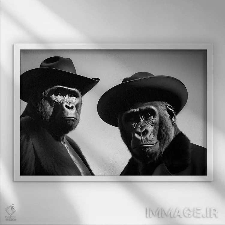 تابلو Black And White V,گروهی از گوریلها با کلاه و لباس شیک، سیاهوسفید اثر آدریان ویریو - نمای قابدار سفید
