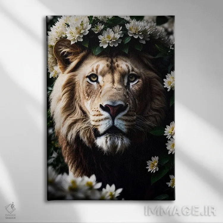 تابلو پرتره شیر سفید در میان گلها اثر آدریان ویریو - نمای روبهرو روی دیوار