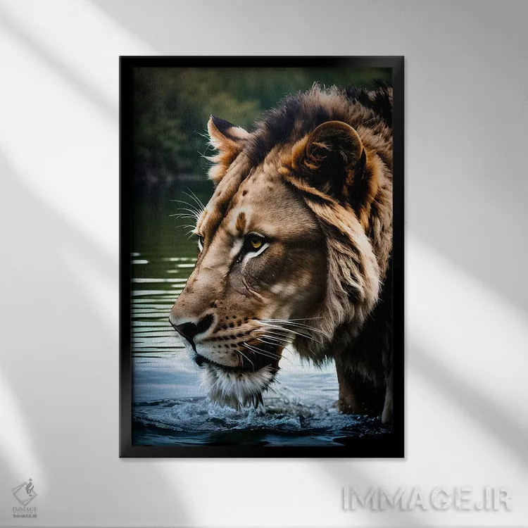 تابلو پرتره شیر در آب اثر آدریان ویریو - نمای قابدار مشکی