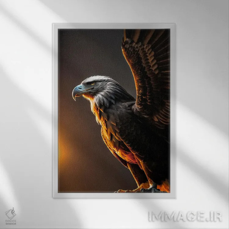 تابلو عقاب با بالهای باز در غروب خورشید اثر آدریان ویریو - نمای قابدار سفید
