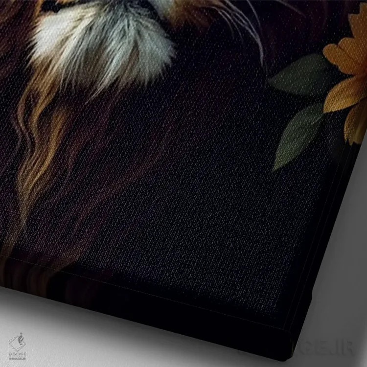 تابلو شیر در میان گلهای زرد اثر آدریان ویریو - نمای نزدیک بافت بوم