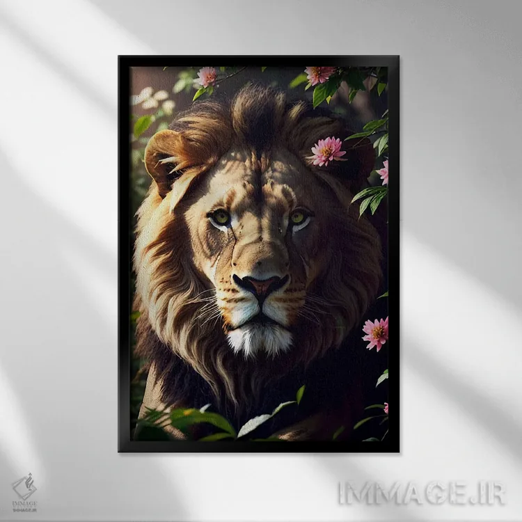 تابلو پرتره شیر سفید در میان گلها اثر آدریان ویریو - نمای قابدار مشکی