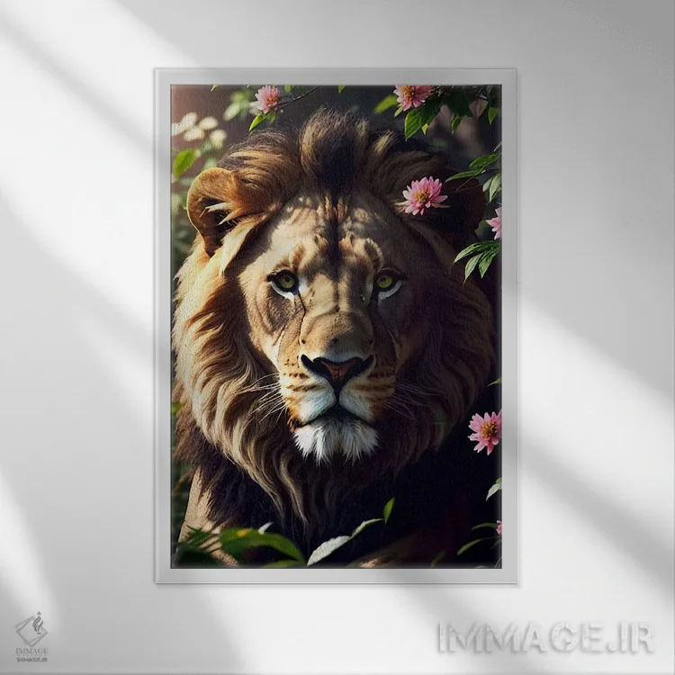 تابلو پرتره شیر سفید در میان گلها اثر آدریان ویریو - نمای قابدار سفید