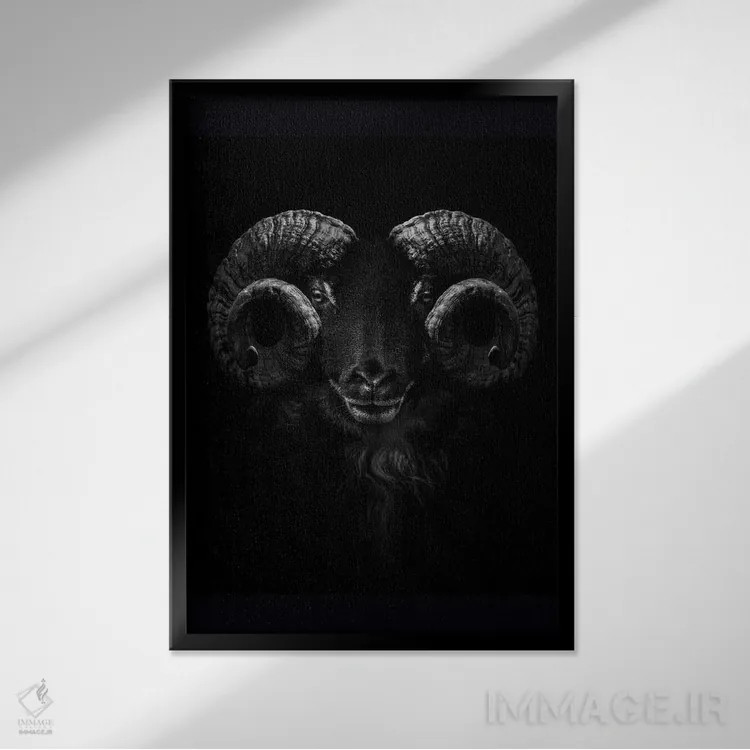 تابلو Close Up Of Head And Horns,نمای نزدیک سر و شاخهای قوچ اثر آدریان ویریو - نمای قابدار مشکی