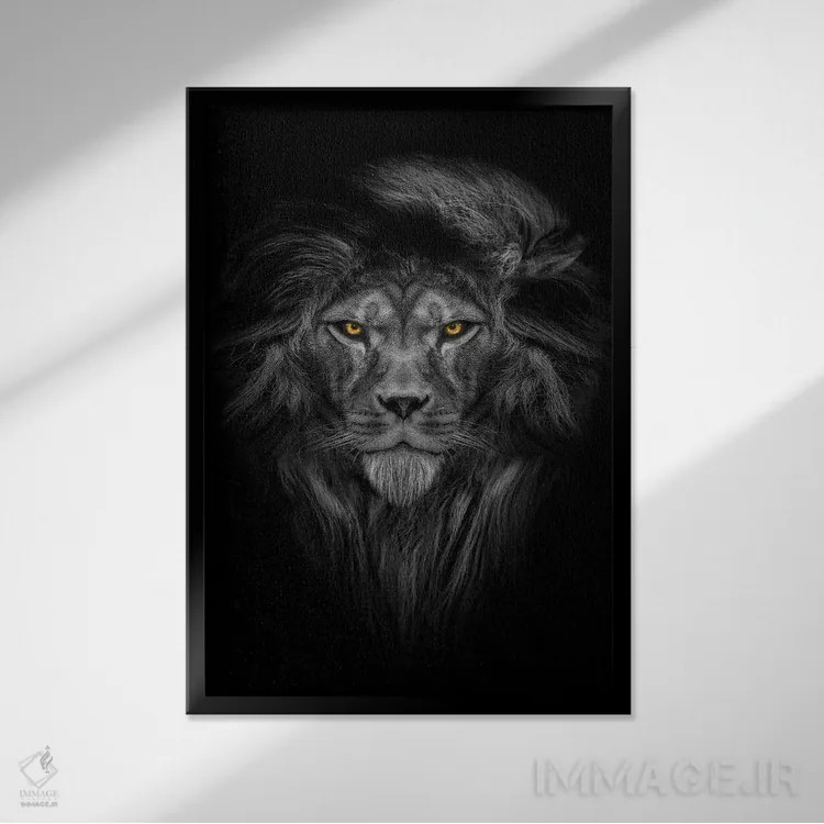 تابلو شیر با چشمهای رنگی و یال کامل اثر آدریان ویریو - نمای قابدار مشکی
