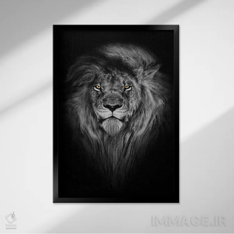 تابلو شیر با چشمهای رنگی و یال کامل اثر آدریان ویریو - نمای قابدار مشکی
