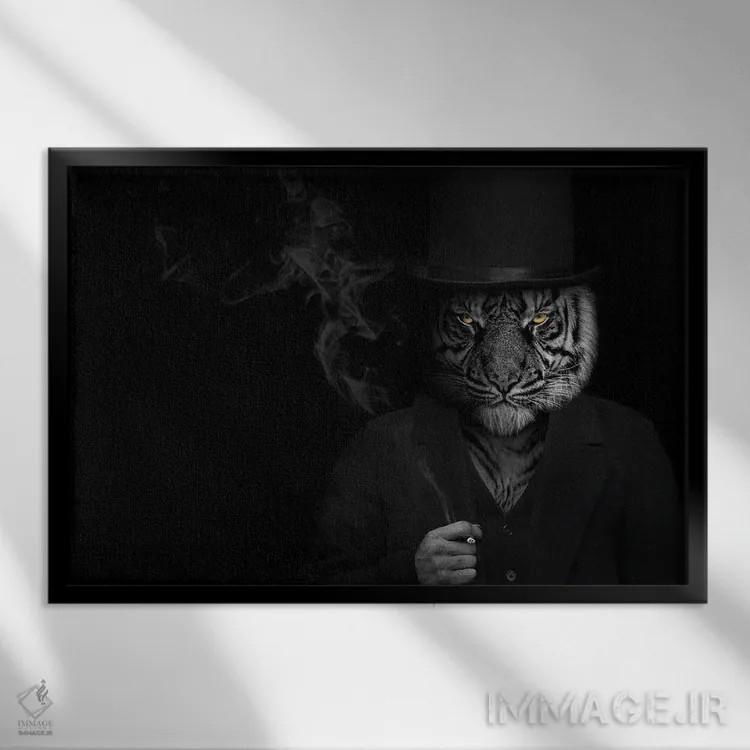تابلو مرد به شکل ببر در حال سیگار کشیدن (فانتزی) اثر آدریان ویریو - نمای قابدار مشکی