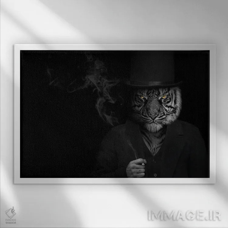 تابلو مرد به شکل ببر در حال سیگار کشیدن (فانتزی) اثر آدریان ویریو - نمای قابدار سفید