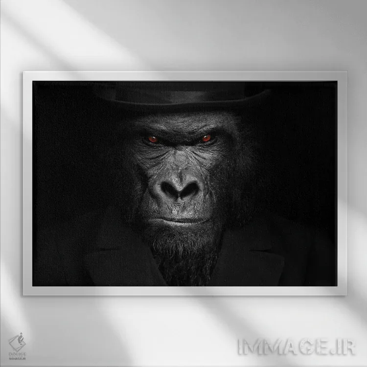 تابلو مرد به شکل گوریل در حال نگاه نزدیک (فانتزی) اثر آدریان ویریو - نمای قابدار سفید
