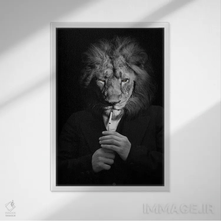 تابلو مرد به شکل شیر در حال روشن کردن سیگار، سیاهوسفید (فانتزی) اثر آدریان ویریو - نمای قابدار سفید