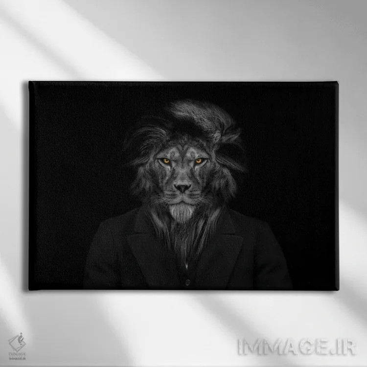تابلو Animal Face Isolated Black White,سر مرد-شیر، صورت حیوانی جداشده، سیاهوسفید (فانتزی) اثر آدریان ویریو - نمای روبهرو روی دیوار