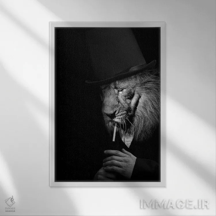 تابلو مرد به شکل شیر در حال روشن کردن سیگار (فانتزی) اثر آدریان ویریو - نمای قابدار سفید