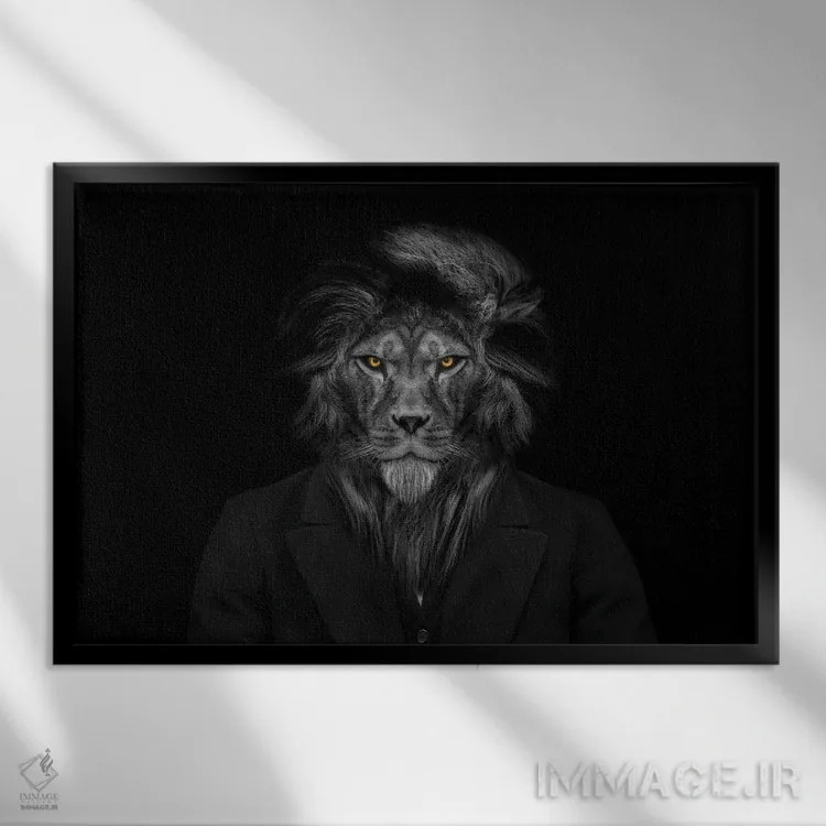 تابلو Animal Face Isolated Black White,سر مرد-شیر، صورت حیوانی جداشده، سیاهوسفید (فانتزی) اثر آدریان ویریو - نمای قابدار مشکی