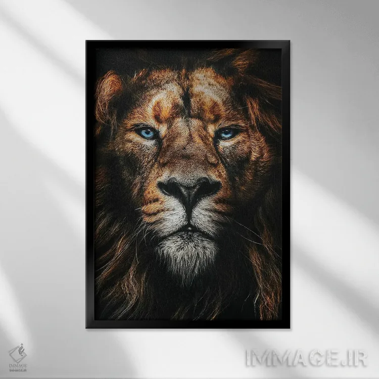 تابلو Blue Eyes,صورت شیر نر آفریقایی با چشمهای آبی اثر آدریان ویریو - نمای قابدار مشکی