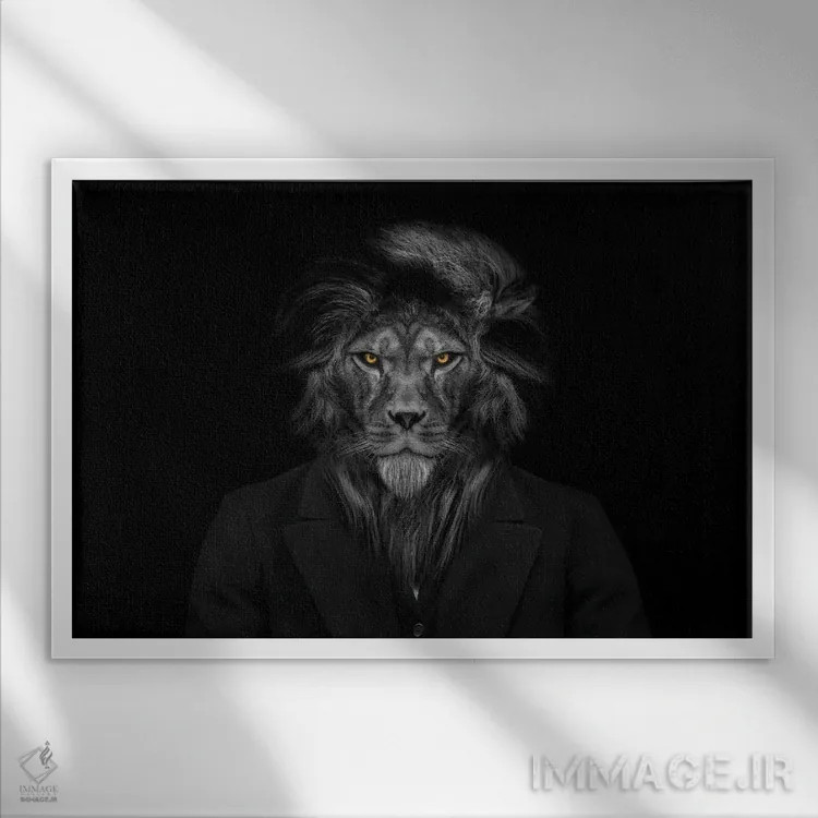 تابلو Animal Face Isolated Black White,سر مرد-شیر، صورت حیوانی جداشده، سیاهوسفید (فانتزی) اثر آدریان ویریو - نمای قابدار سفید