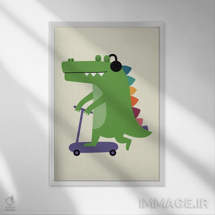 تابلو کروکودیل اسکوترسوار اثر اندی وستفِیس - نمای قابدار سفید