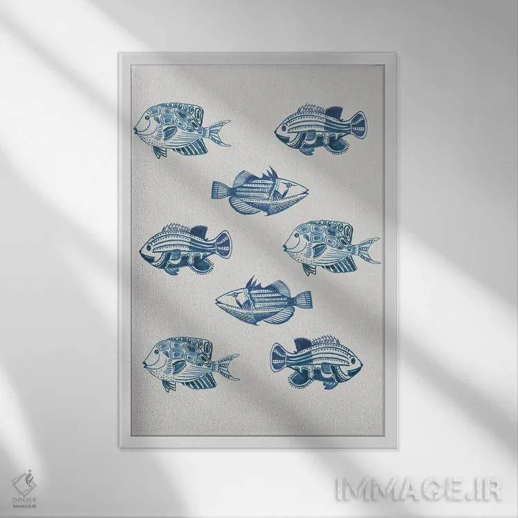 تابلو ماهیهای نیلی اثر ایمی ویلسون - نمای قابدار سفید