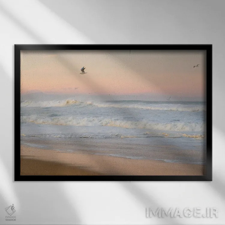 تابلو مرغان دریایی و موجها اثر اندرو لِوِر - نمای قابدار مشکی