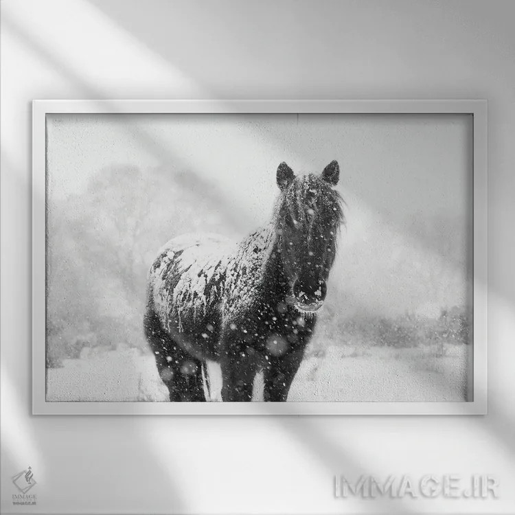 تابلو اسب برفی III اثر اندرو لِوِر - نمای قابدار سفید
