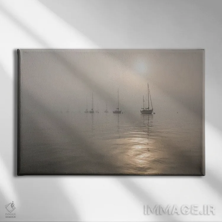 تابلو قایقها در مه اثر اندرو لِوِر - نمای روبهرو روی دیوار
