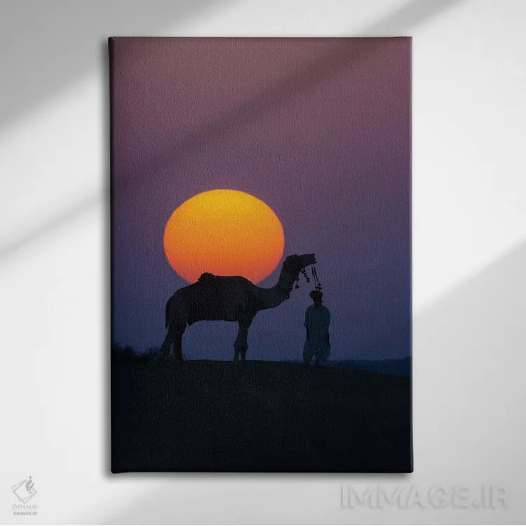 تابلو Thar Desert, Rajasthan, India,شتر و انسان در غروب، صحرای تار، راجستان، هند اثر آرت وولف (عکاس حیات وحش آمریکایی) - نمای روبهرو روی دیوار