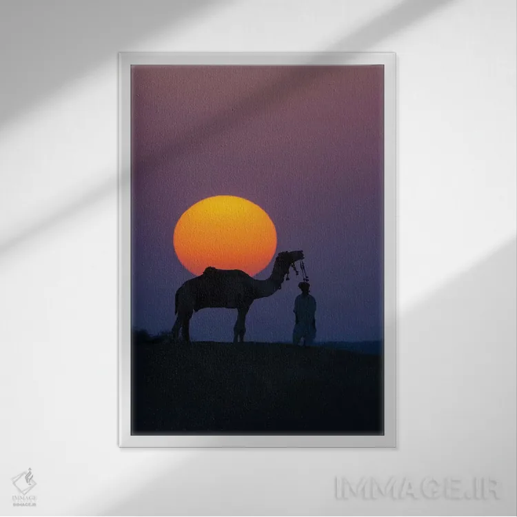 تابلو Thar Desert, Rajasthan, India,شتر و انسان در غروب، صحرای تار، راجستان، هند اثر آرت وولف (عکاس حیات وحش آمریکایی) - نمای قابدار سفید
