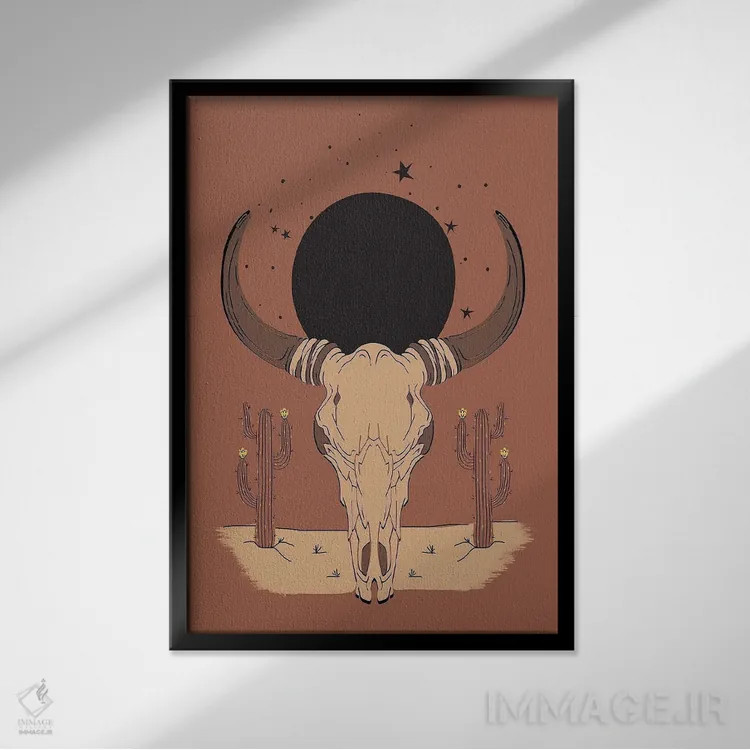 تابلو جمجمه گاو اثر اروویند پرینتس - نمای قابدار مشکی