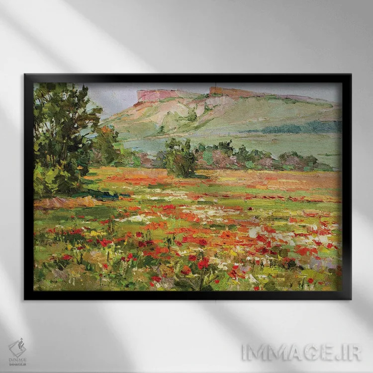 تابلو مزرعهٔ شقایق پای صخرههای سفید اثر سرگئی الکساندروویچ پوزدیف - نمای قابدار مشکی