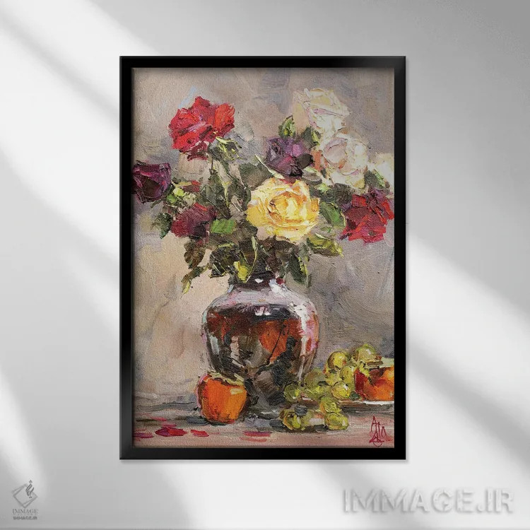 تابلو طبیعت بیجان رزها اثر سرگئی الکساندروویچ پوزدیف - نمای قابدار مشکی