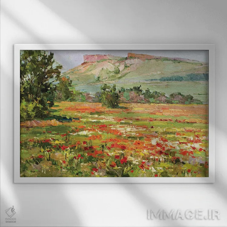 تابلو مزرعهٔ شقایق پای صخرههای سفید اثر سرگئی الکساندروویچ پوزدیف - نمای قابدار سفید