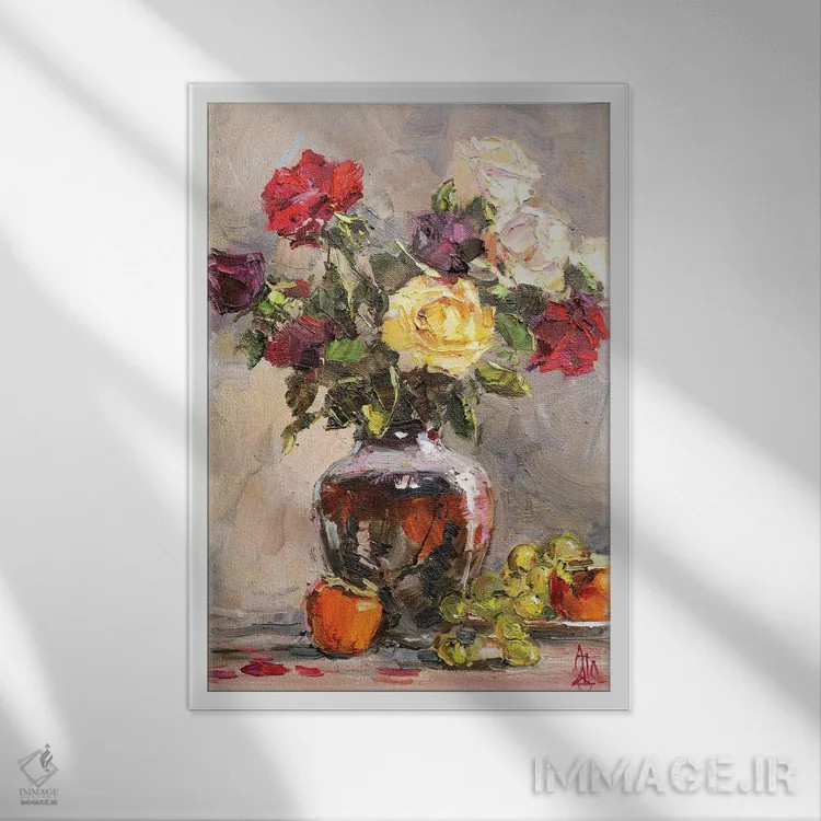 تابلو طبیعت بیجان رزها اثر سرگئی الکساندروویچ پوزدیف - نمای قابدار سفید