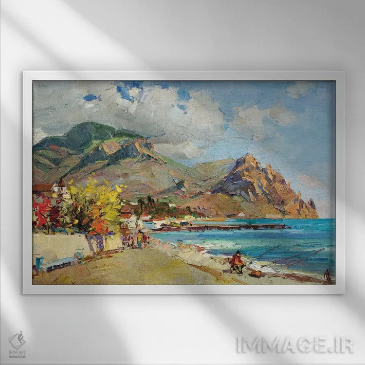 تابلو روستای ساحلی اثر سرگئی الکساندروویچ پوزدیف - نمای قابدار سفید
