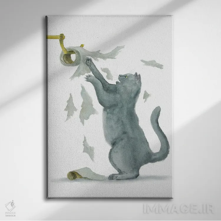 تابلو گربهٔ بریتانیایی و دستمال توالت اثر آلکسی دیمیتریویچ شمیروف - نمای روبهرو روی دیوار