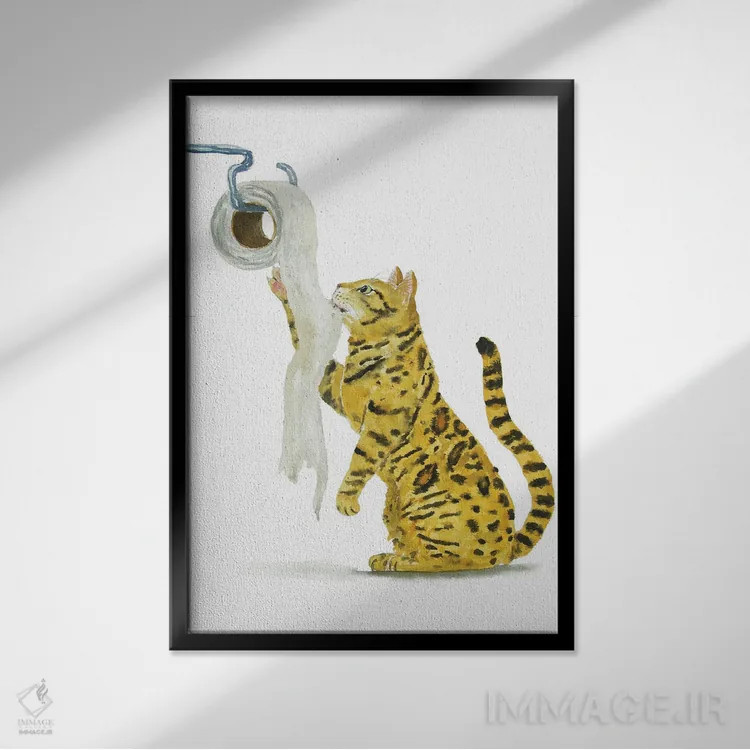 تابلو گربهٔ بنگال و دستمال توالت اثر آلکسی دیمیتریویچ شمیروف - نمای قابدار مشکی