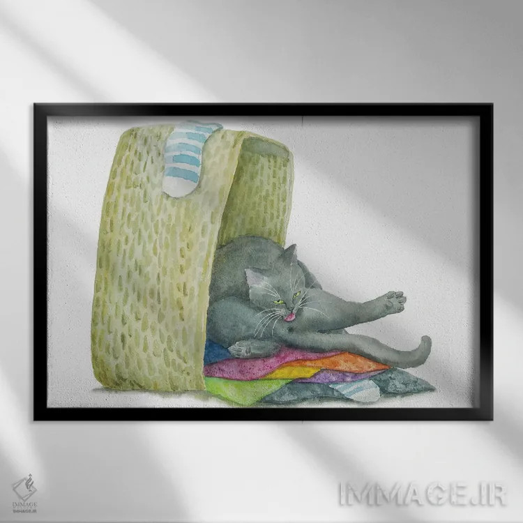 تابلو گربهٔ بریتانیایی روی حولهها اثر آلکسی دیمیتریویچ شمیروف - نمای قابدار مشکی