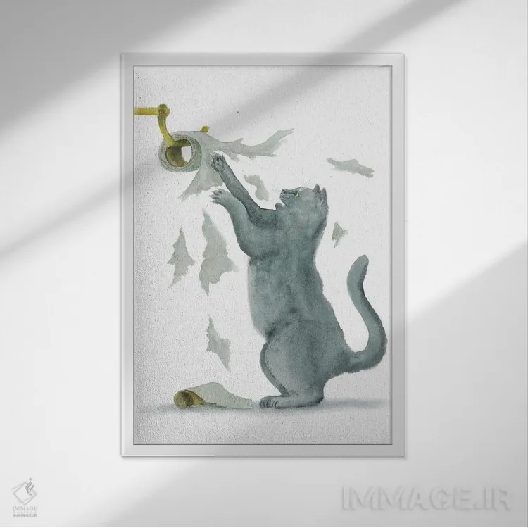 تابلو گربهٔ بریتانیایی و دستمال توالت اثر آلکسی دیمیتریویچ شمیروف - نمای قابدار سفید