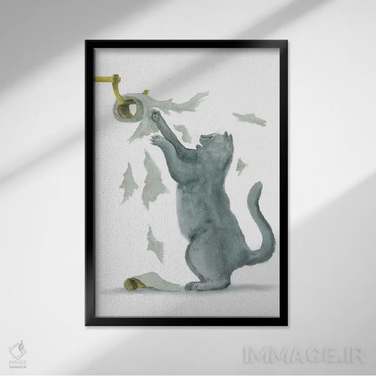 تابلو گربهٔ بریتانیایی و دستمال توالت اثر آلکسی دیمیتریویچ شمیروف - نمای قابدار مشکی