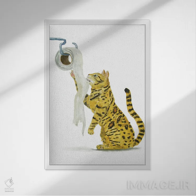 تابلو گربهٔ بنگال و دستمال توالت اثر آلکسی دیمیتریویچ شمیروف - نمای قابدار سفید