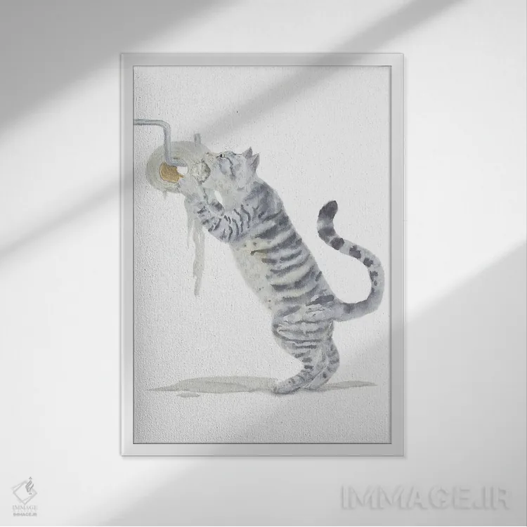 تابلو گربهٔ تیبی خاکستری و دستمال توالت اثر آلکسی دیمیتریویچ شمیروف - نمای قابدار سفید