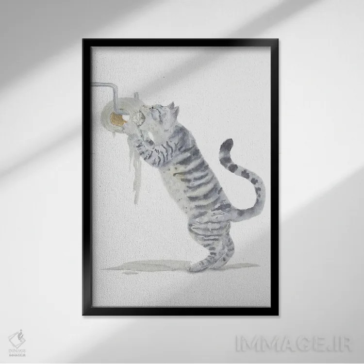 تابلو گربهٔ تیبی خاکستری و دستمال توالت اثر آلکسی دیمیتریویچ شمیروف - نمای قابدار مشکی