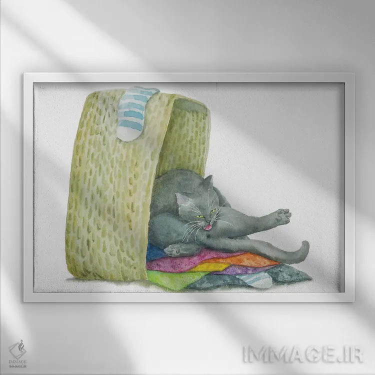 تابلو گربهٔ بریتانیایی روی حولهها اثر آلکسی دیمیتریویچ شمیروف - نمای قابدار سفید