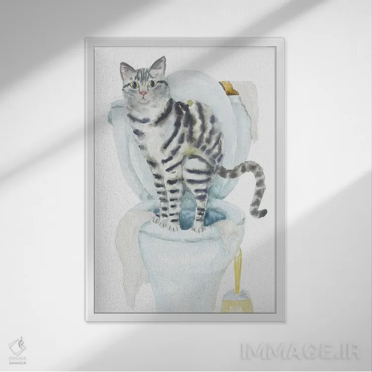 تابلو گربهٔ تیبی خاکستری روی توالت اثر آلکسی دیمیتریویچ شمیروف - نمای قابدار سفید