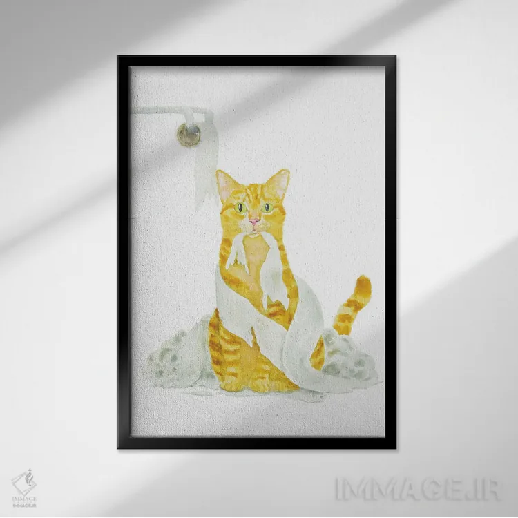 تابلو گربهٔ نارنجی و دستمال توالت اثر آلکسی دیمیتریویچ شمیروف - نمای قابدار مشکی