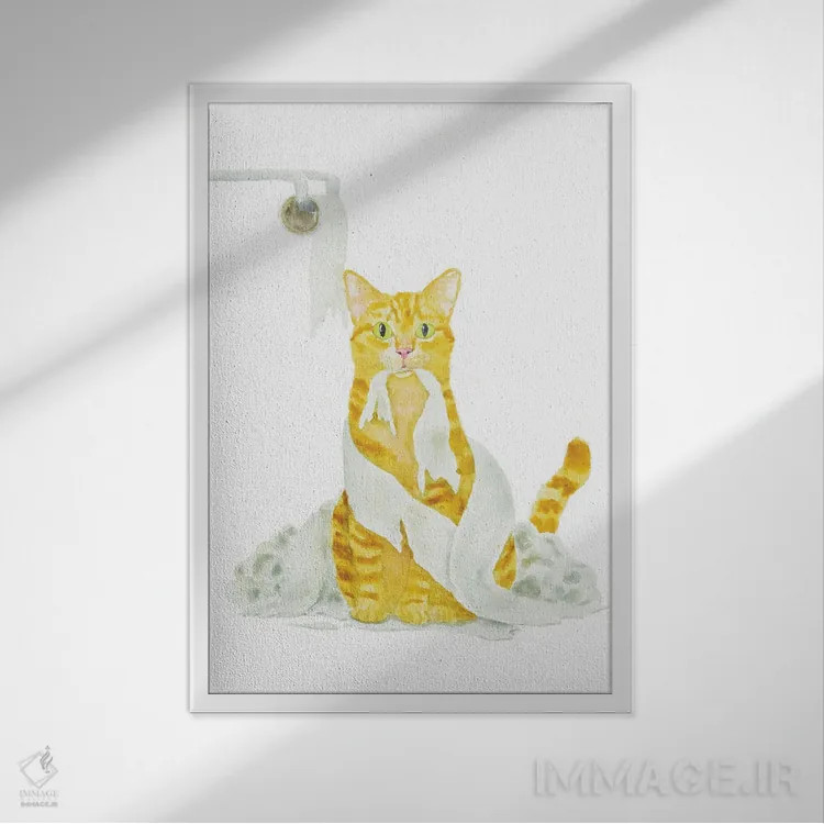 تابلو گربهٔ نارنجی و دستمال توالت اثر آلکسی دیمیتریویچ شمیروف - نمای قابدار سفید