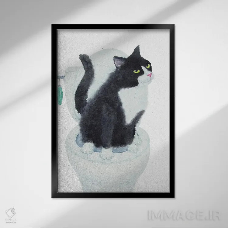 تابلو گربهٔ تاکسیدو روی توالت اثر آلکسی دیمیتریویچ شمیروف - نمای قابدار مشکی