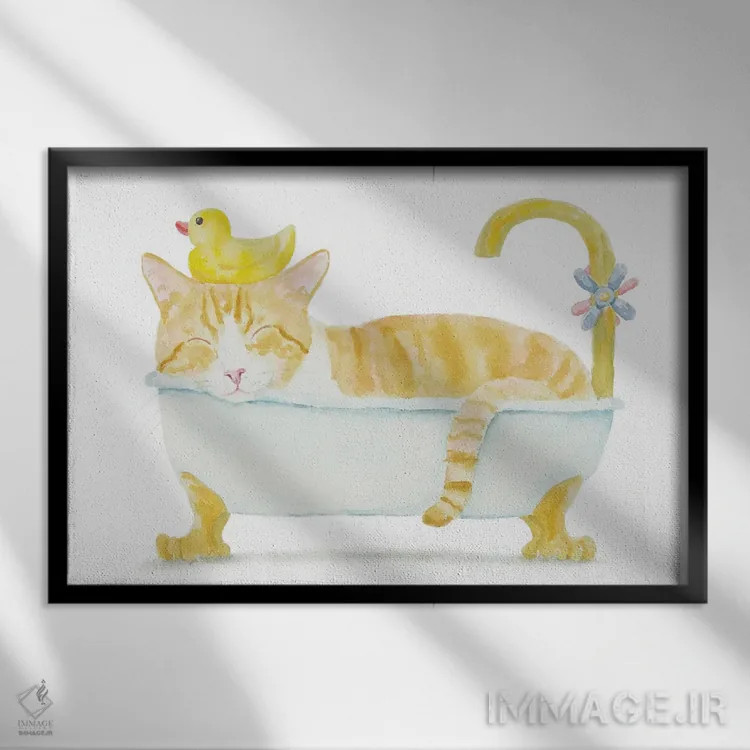 تابلو گربهٔ نارنجی سفید در وان اثر آلکسی دیمیتریویچ شمیروف - نمای قابدار مشکی