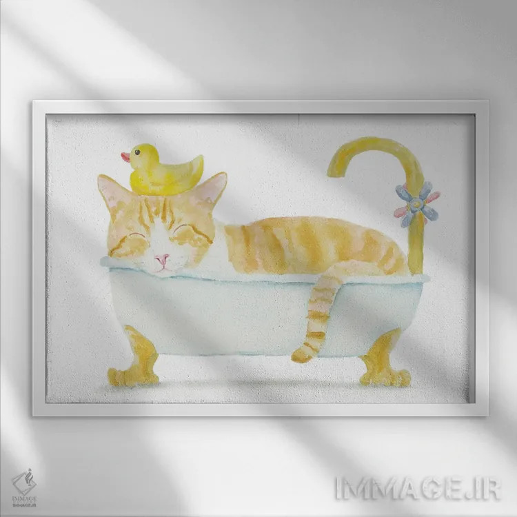 تابلو گربهٔ نارنجی سفید در وان اثر آلکسی دیمیتریویچ شمیروف - نمای قابدار سفید